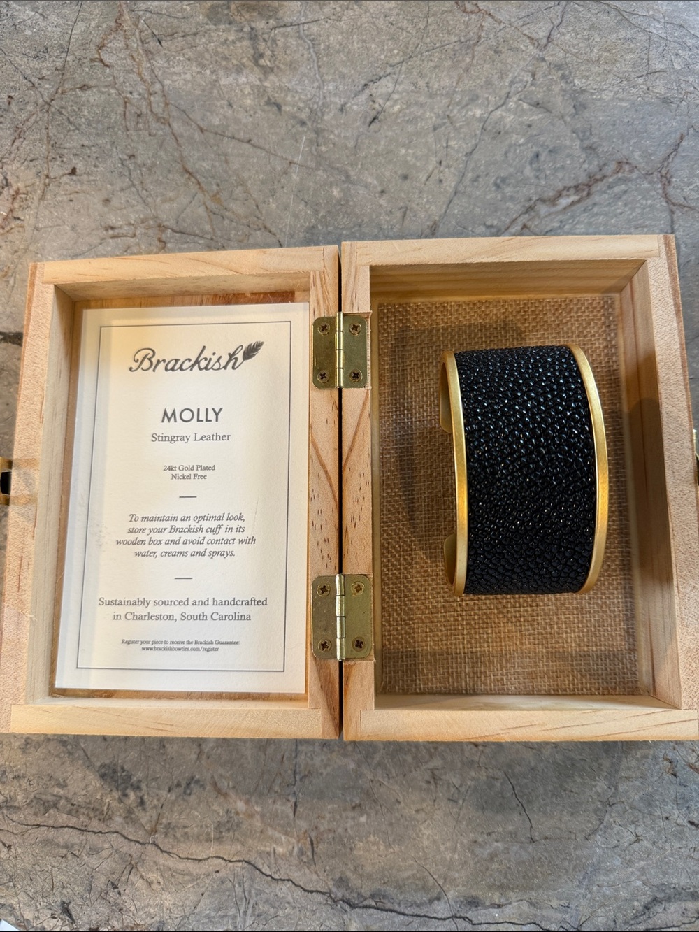 Molly Stingray Leather Cuff Bracelet in Black with Gold Trim